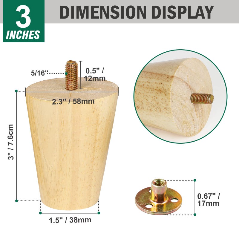 FoDau770 Solid Wood Furniture Legs 3 Inche, Straight Tapered Wood Legs Mid Century Sofa Legs Set of 4, 5/16"" UNC Furniture Feet Wood Replacement Legs for Cabinet Sofa Couch Dresser Chair Ottoman Table - Image 4